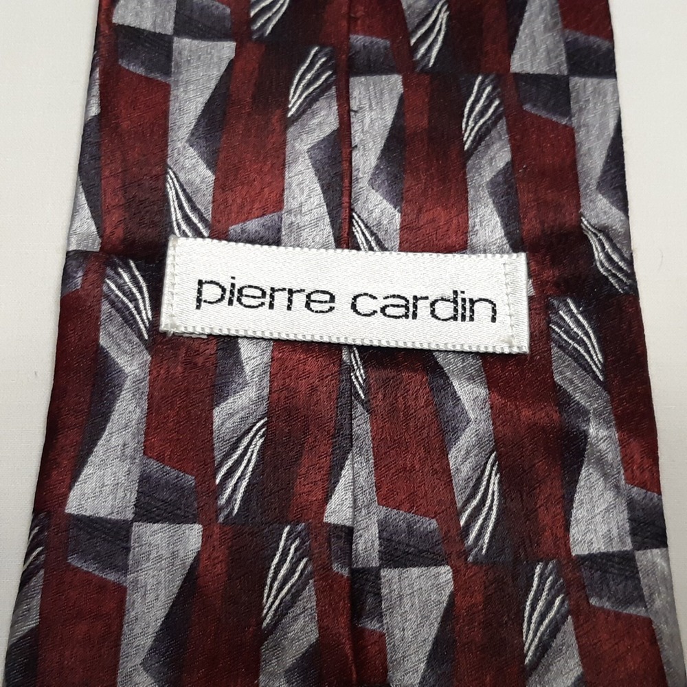 Pierre Cardin Necktie Mens OS Burgundy Grey Geometric Abstract Silk Vintage - Picture 11 of 13